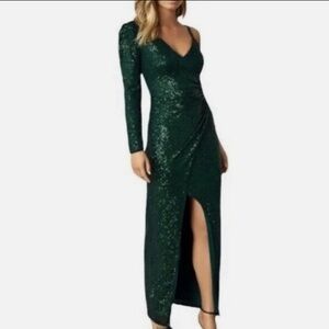 BCBG Dark Green Sequin Long Sleeve Dress